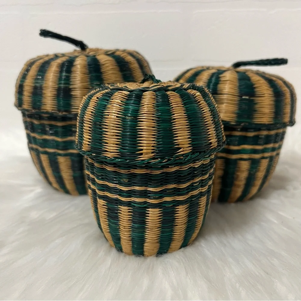 Vintage Bohemian Retro Cottagecore Rustic Striped Woven 3 Nesting Baskets